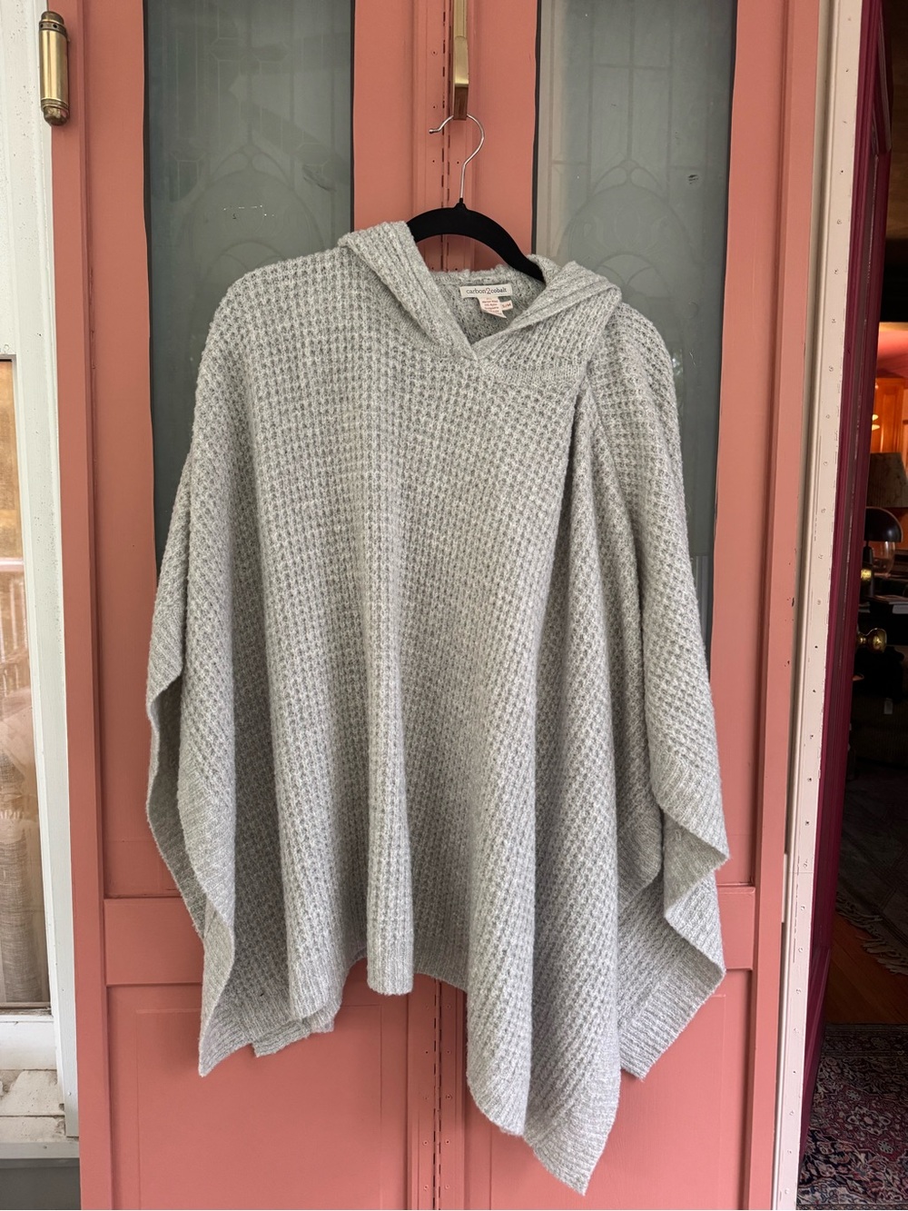 Light Gray Hooded Waffle-Knit Poncho Sweater